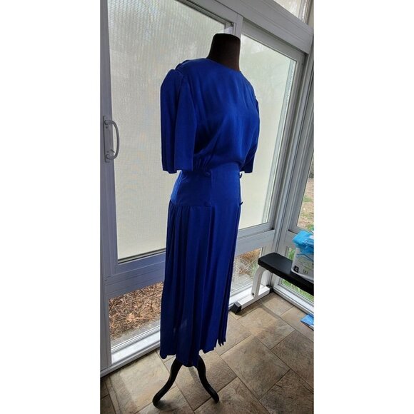 Vintage 100% Silk Blue Dress by Designer Frank Masandrea - MD/8 - Picture 4 of 12